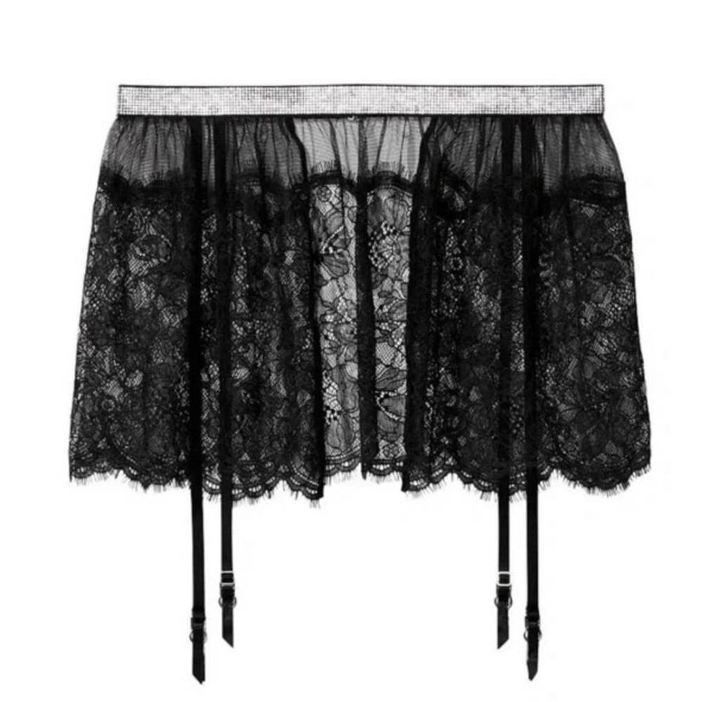 Victoria's Secret Shine Black Lace Skirt with Garters - M/L
